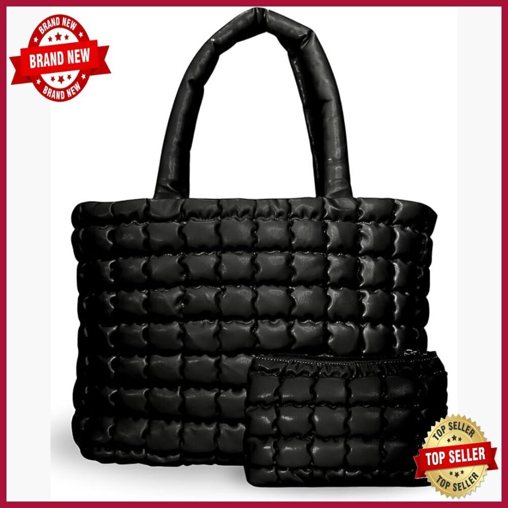 Large Puffer Tote Bag with Insert Pouch, Quilted Polyester, 8 Pockets